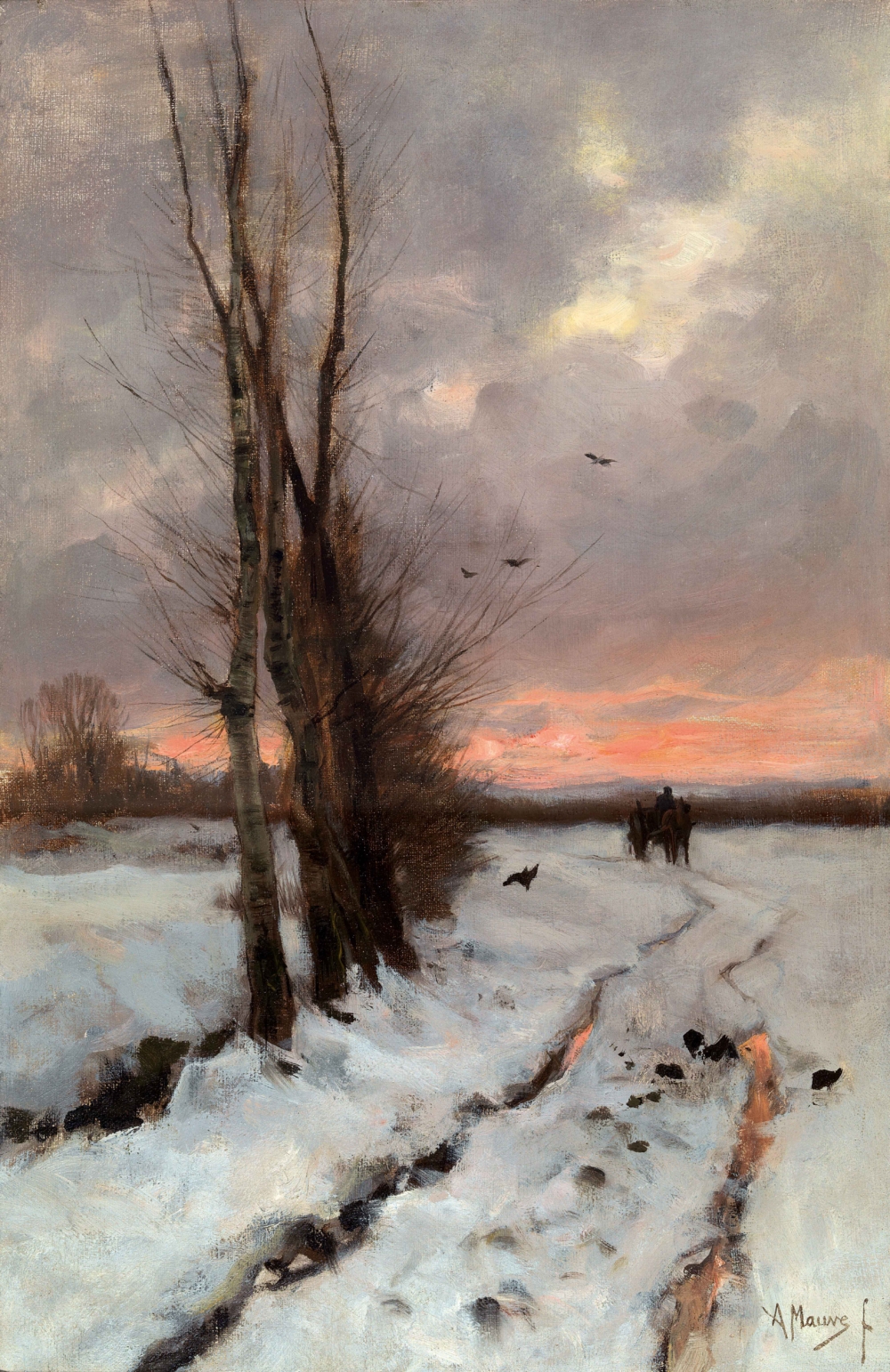 Ölgemälde einer verschneiten Landschaft bei Sonnenuntergang.