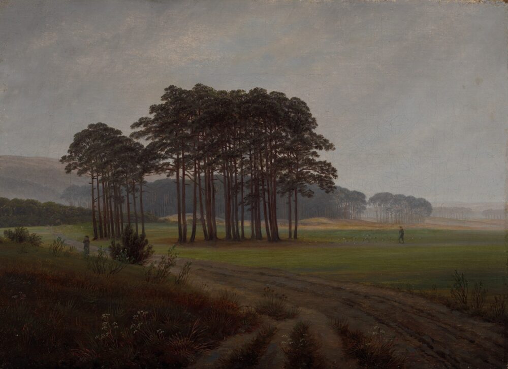 Ölgemälde einer grünen, bewaldeten Landschaft mit Hügeln im Hintergrund zur Mittagszeit.