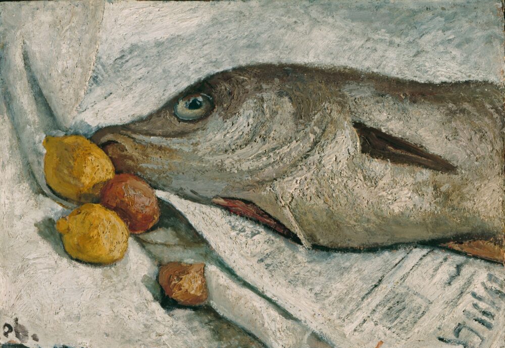 Ölbild eines Fisches, der neben Zitronen und Zwiebeln auf einer Zeitung liegt.
